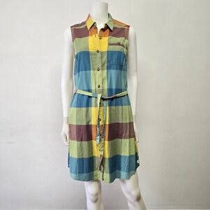 Toad & Co Funday Tie Shirtdress Dress Sleeveless Plaid Button Up Pockets Size M